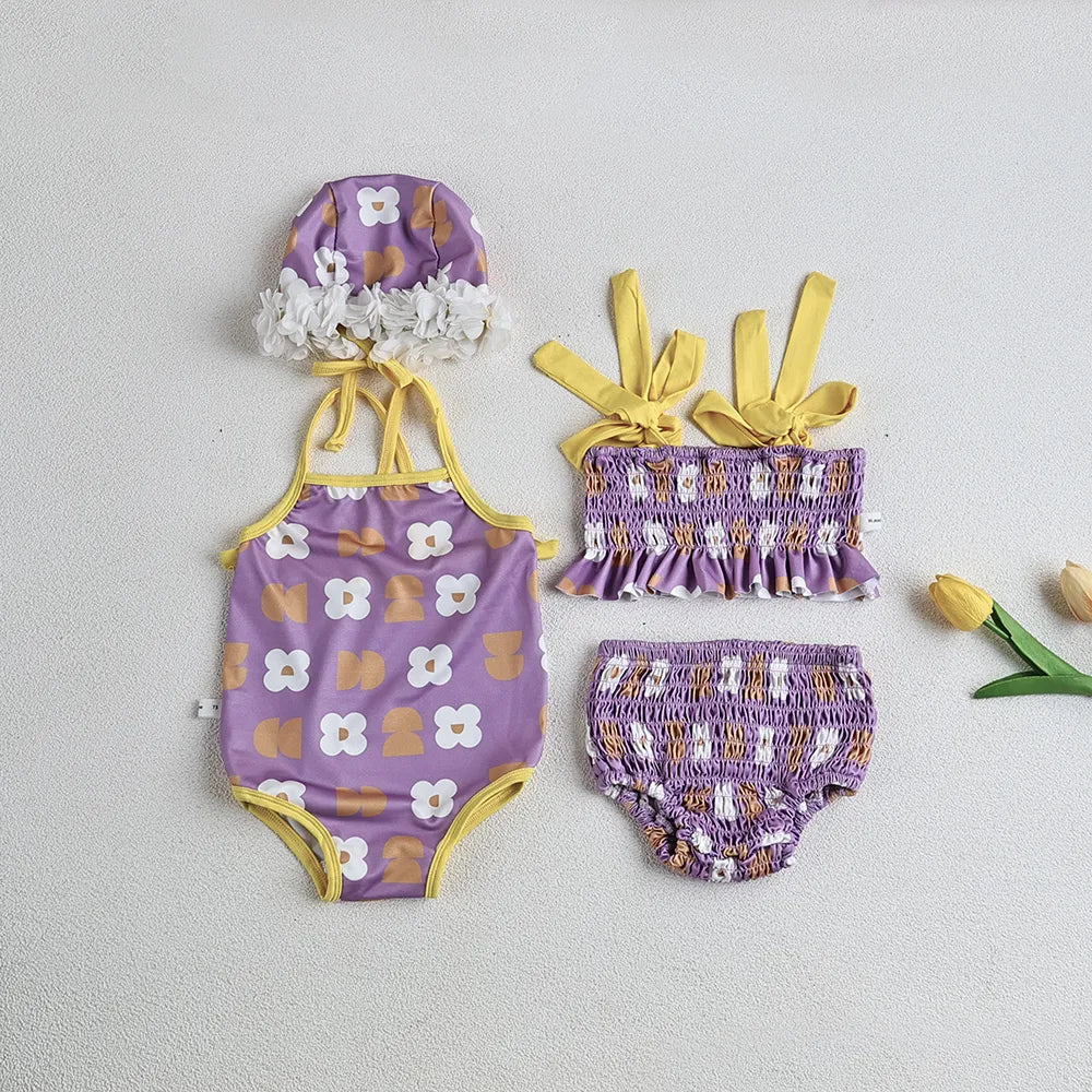 Baby Girls Floral Bandage Swimsuit With Hat Set