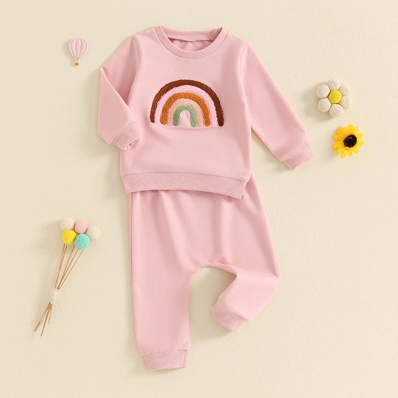 Baby Toddler Girls 2Pcs Outfit Embroidery Rainbow Long Sleeve Crew Neck Top with Elastic Waist Pants Set