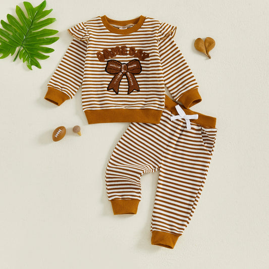 Baby Toddler Girls 2Pcs Game Day Fall Outfits Letter Bow Embroidered Striped Crew Neck Long Sleeve Top with Jogger Pants 2Pcs Set