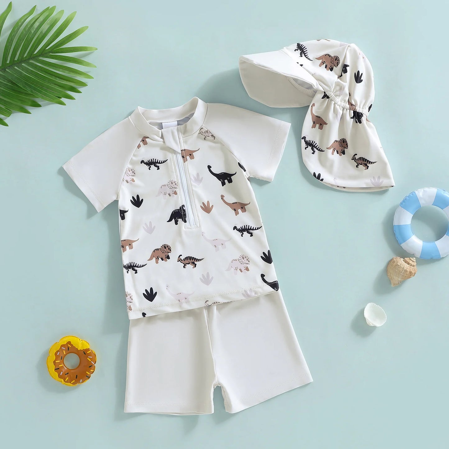 Baby Toddler Boys 3Pcs Rash Guard Swimsuit Short Sleeve Dinosaur Print Top Swim Shorts Hat Swimwear Three Piece Set