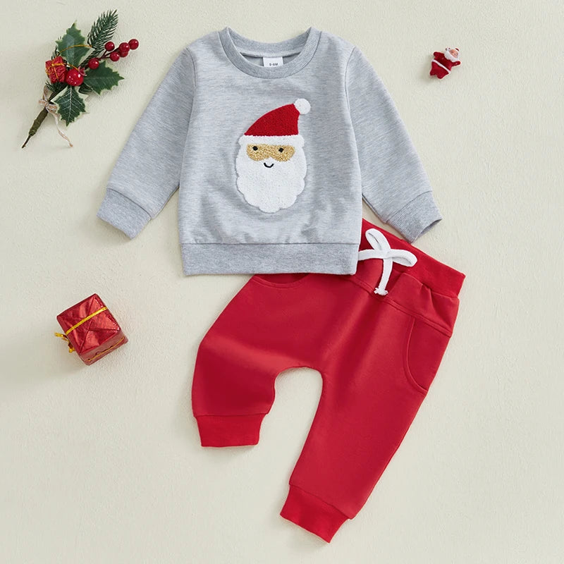 Baby Toddler Boys Girls 2Pcs Christmas Sets Cartoon Embroidered Long Sleeve Top Red Pants Outfits Clothes Jogger Set