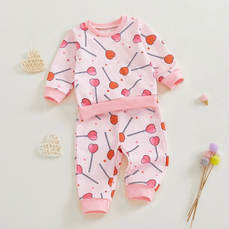 Baby Toddler Girls 2Pcs Valentine's Day Outfit Heart Candy Print Long Sleeve Top with Long Pants Valentines Jogger Set