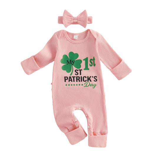 Baby Girls 2Pcs My 1st St. Patrick's Day Irish Romper Clover Letter Print Long Sleeve Round Neck Ribbed Jumpsuit with Bow Headband Set