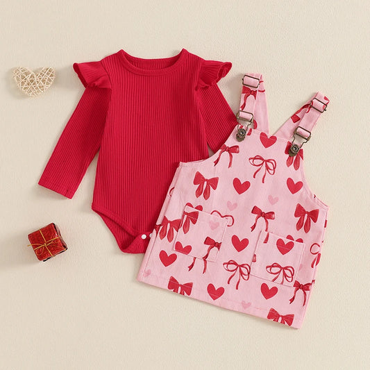 Baby Girls 2Pcs Valentine's Day Outfit Solid Ribbed Ruffle Long Sleeve Romper Heart Bow Print Overalls Dress Valentines Set