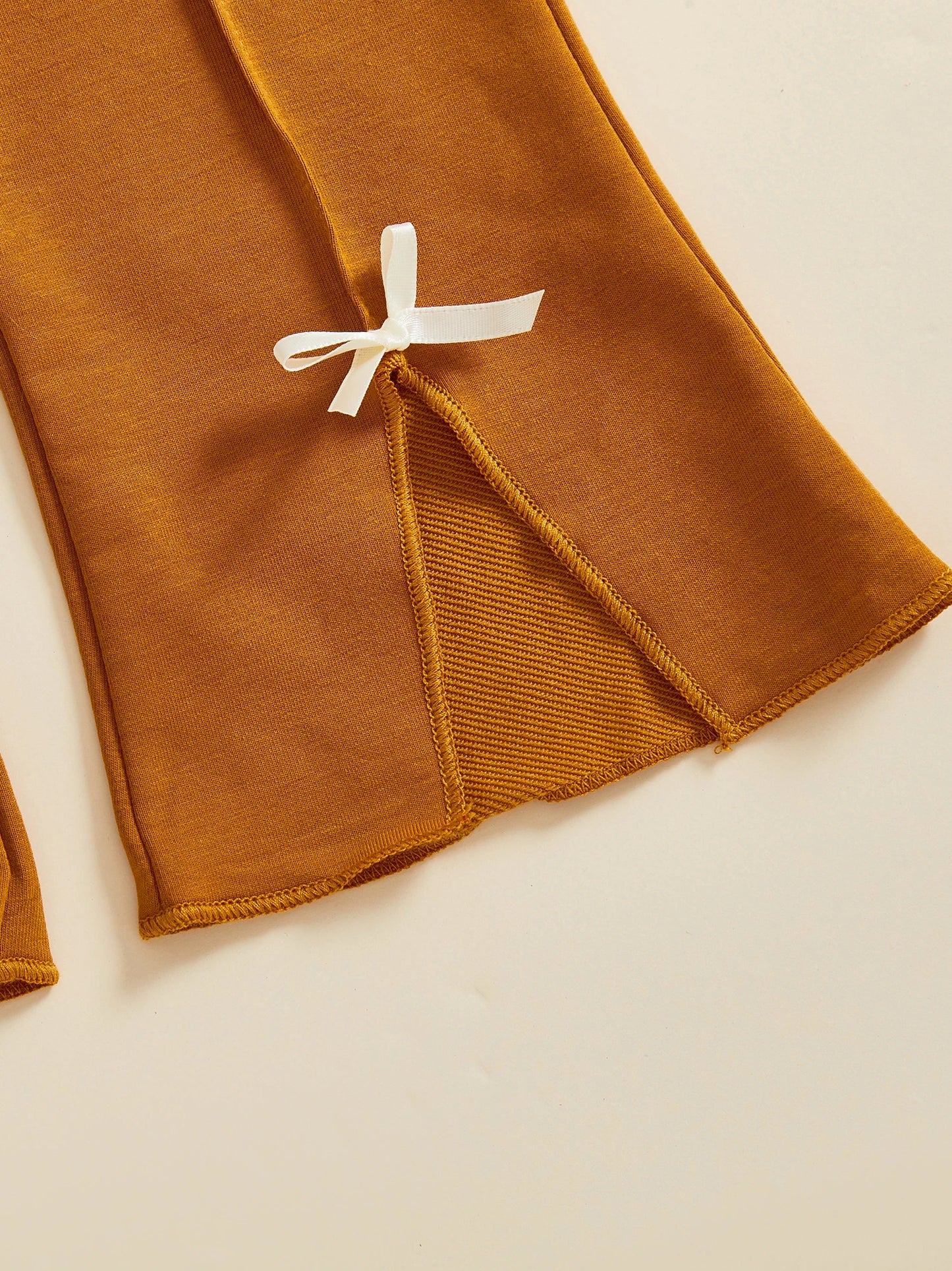 Baby Toddler Girl 2Pcs Fall Outfit Bow Decor Long Sleeve Round Neck Pullover Top + Elastic Waist Flare Pants 2Pcs Set