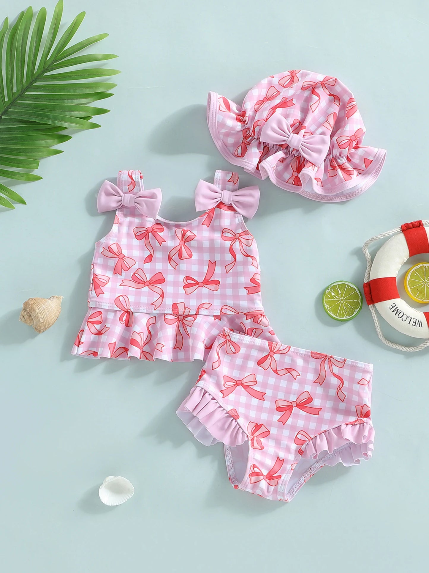 Baby toddler Girls 3Pcs Swimsuit Bow Plaid Print Sleeveless Tank Top with Bloomers and Swimming Hat Set