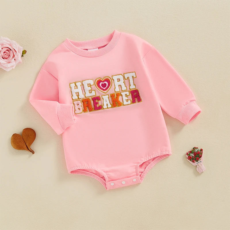 Baby Girls Heart Breaker Valentine's Day Romper Long Sleeve O Neck Letter Embroidery Bubble Valentines Bodysuit