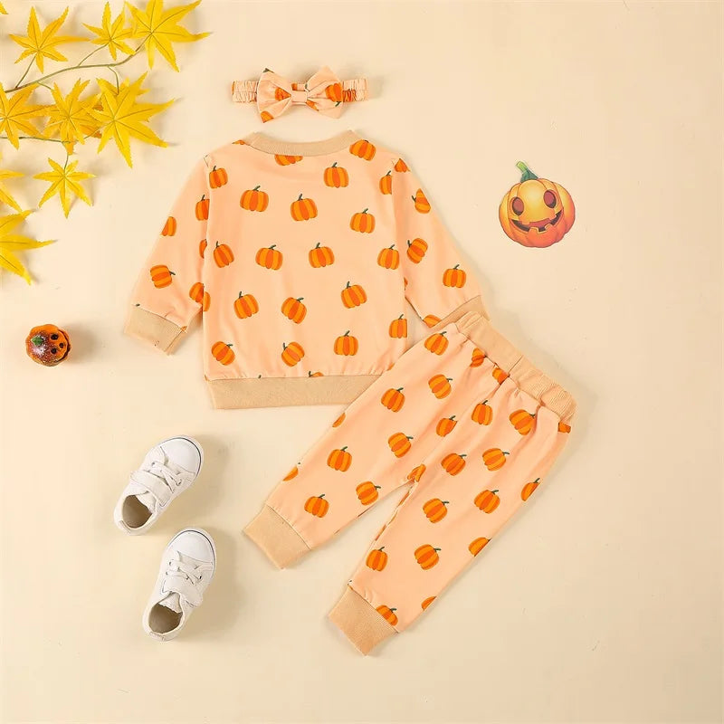 Baby Toddler Girls 3Pcs Halloween Outfit Pumpkin Print Long Sleeve Top Long Pants Headband Fall Set