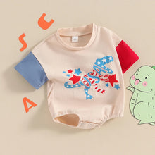 Load image into Gallery viewer, Baby Boys Independence Day USA Letter 4th of July Romper Short Sleeve Crewneck Dinosaur Print Contrast Color Sleeve Romper
