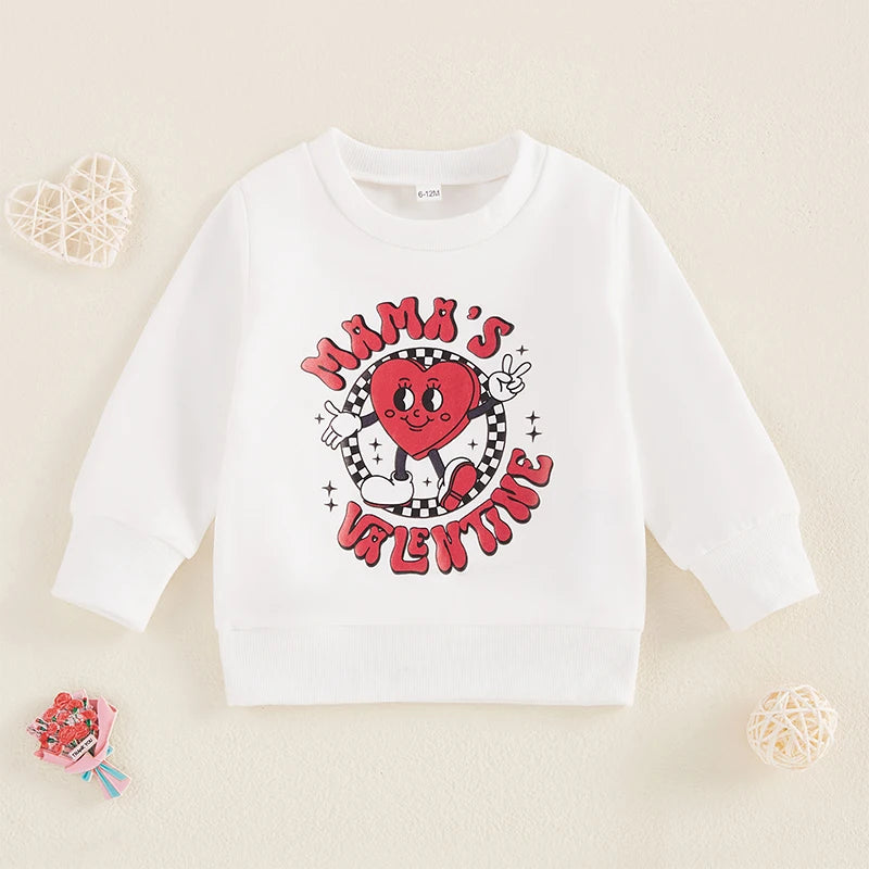 Baby Toddler Boys Mama's Valentine Valentine's Day Letter Heart Print Long Sleeve Round Neck Pullover Valentines Top