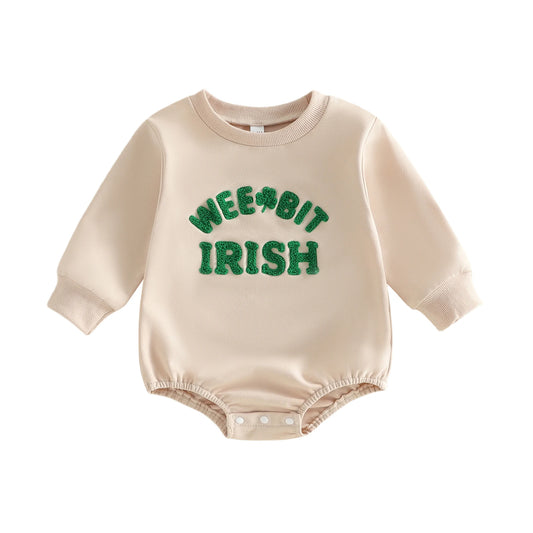 Baby Girls Boys Bubble Romper Wee Bit Irish / Pint Sized St. Patrick's Day Clothes Letter Clover Embroidery Long Sleeve Bodysuit Jumpsuit