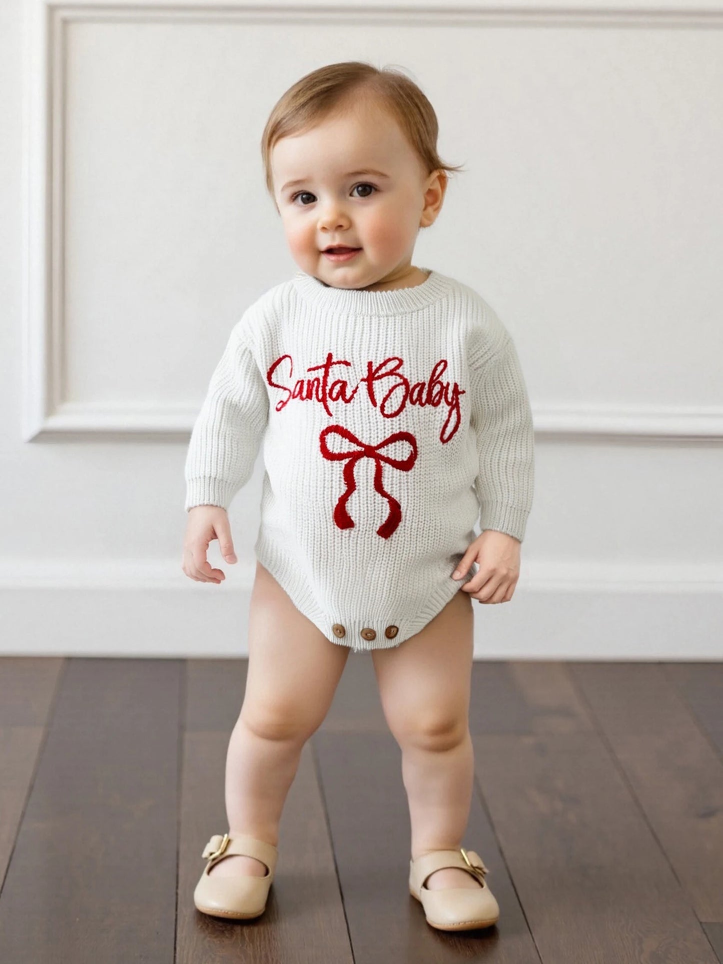 Baby Girl Santa Baby Christmas Romper Loose Fit Letter Bow Embroidery Ribbed Knit Long Sleeve Infant Winter Sweater