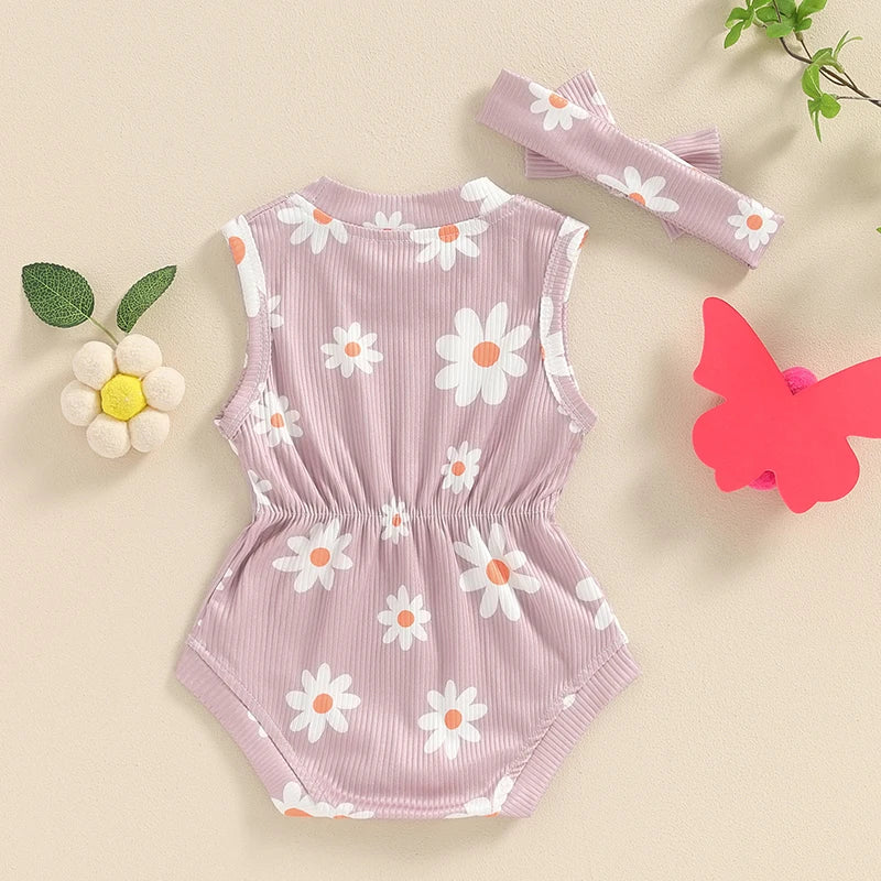 Baby Girls 2Pcs Rompers Daisy Print Round Neck Sleeveless Tank Top Bodysuit Summer Clothes with Headband