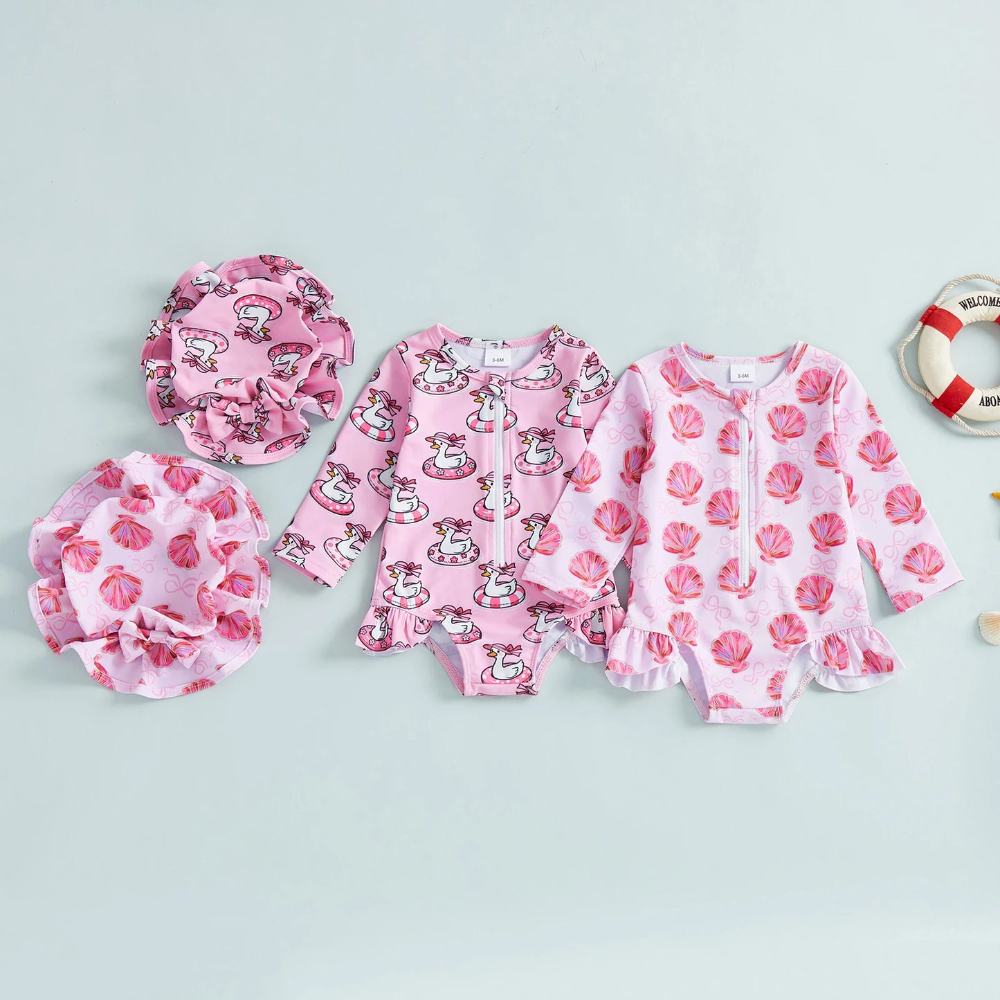 Baby Toddler Girls 2Pcs Swimsuit Set Duck/Shell Print Crew Neck Long Sleeve Zipper Rash Guard Swimwear and Sun Hat