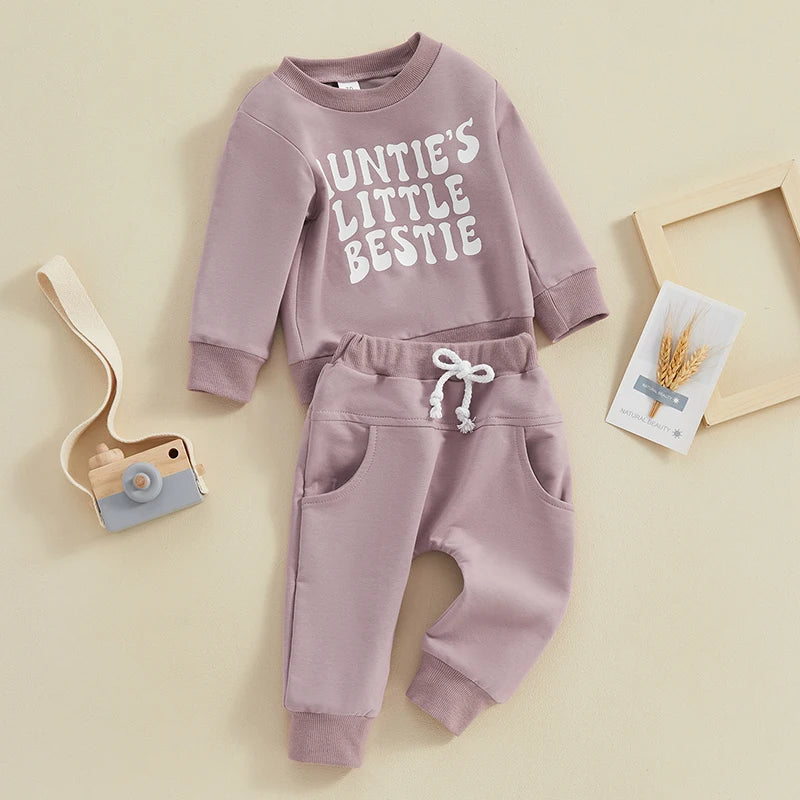 Baby Toddler Boys Girls 2Pcs Auntie's Little Bestie Set Letter Print Long Sleeve Pullover Top Pants Fall Winter Outfit