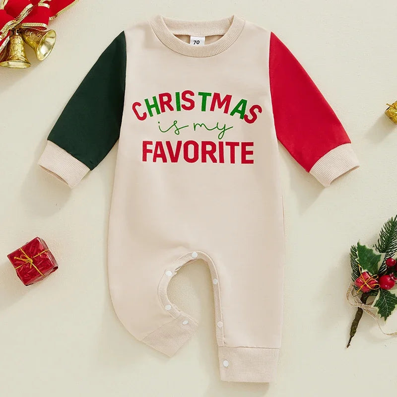 Baby Girls Boys Christmas Is My Favorite Jumpsuit Long Sleeve Crew Neck Letters Print Contrast Color Christmas Romper