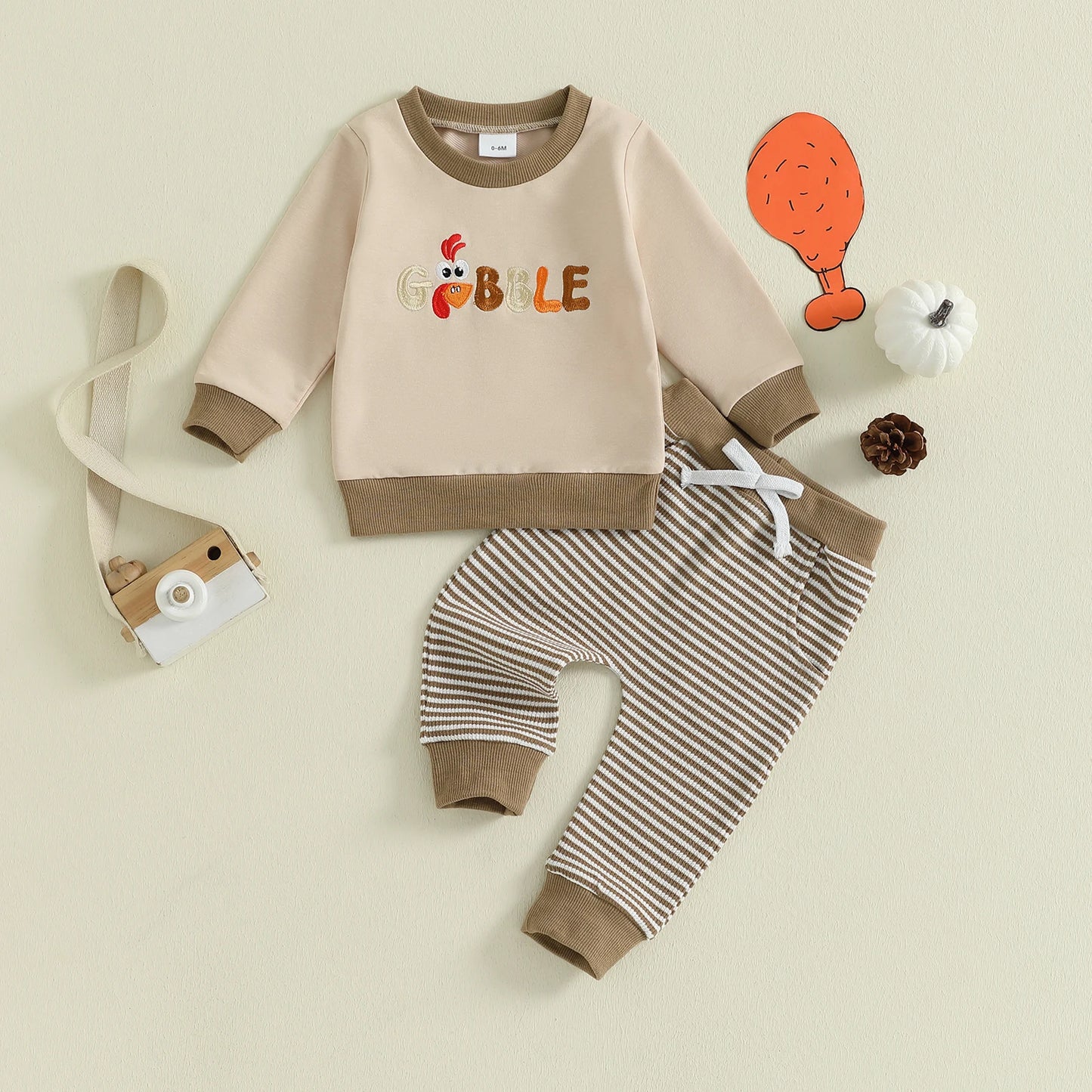 Baby Toddler Boys 2Pcs Jogger Set Long Sleeve Crew Neck Embroidery Gobble Turkey Top with Striped Pants Thanksgiving Clothes