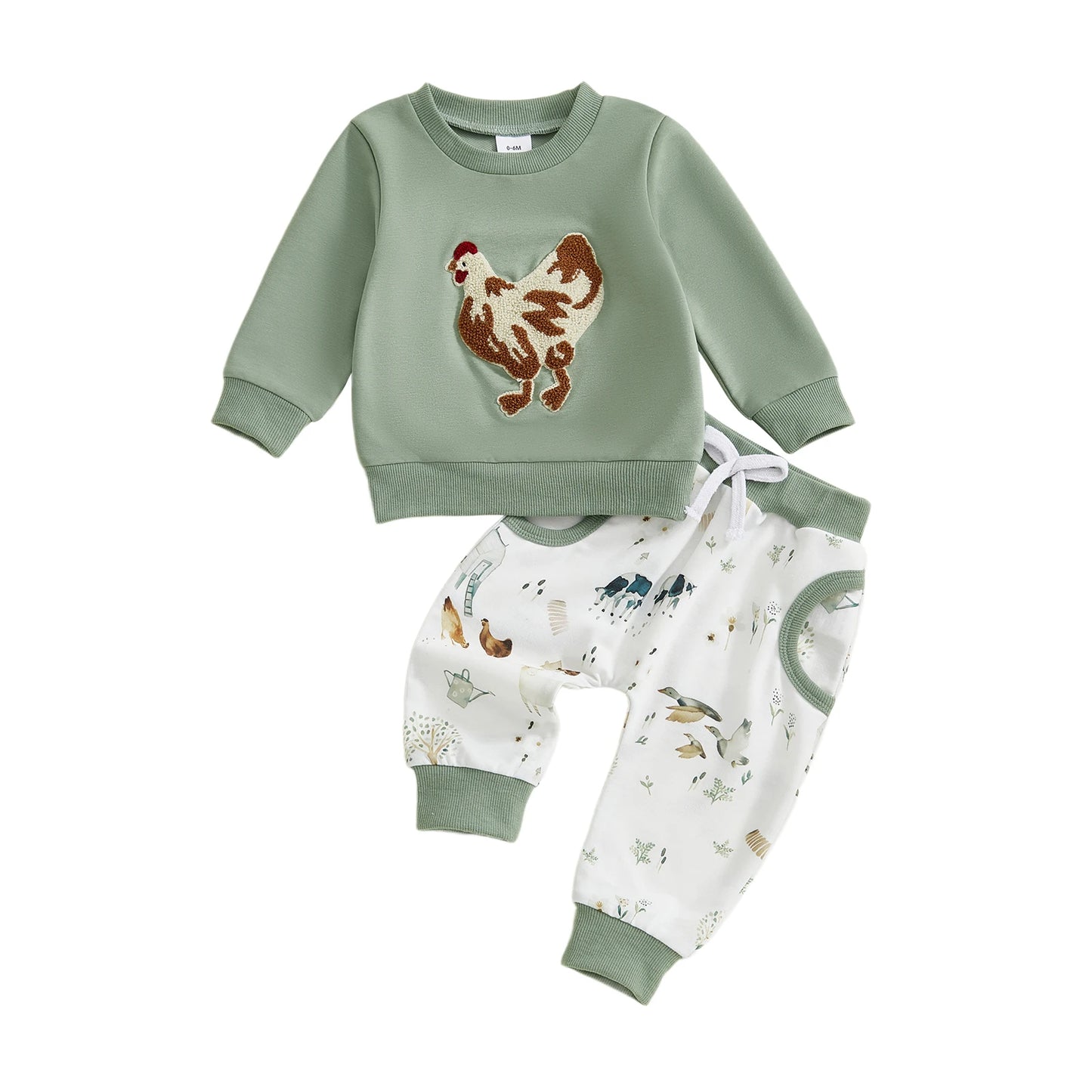 Baby Toddler Boys 2Pcs Fall Set Fashionable Long Sleeve Chicken/Duck Embroidery Pullover Top with Print Jogger Pants 2 Pcs Outfits