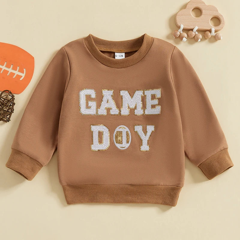 Baby Toddler Boys Girls Fall GAME DAY Football Sequin Letter Embroidery Long Sleeve Crew Neck Pullover Top