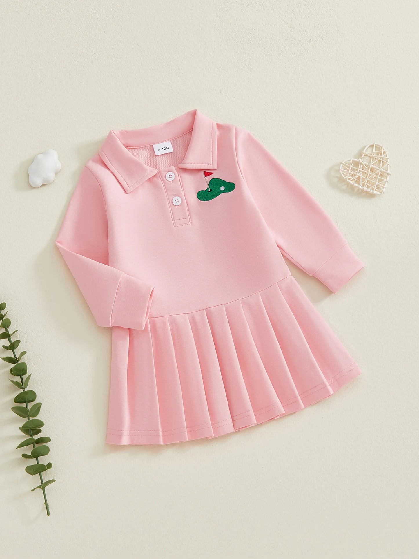 Baby Toddler Girls Casual Dress Long Sleeve Button Closure Embroidery Golf Cart Pleated Fall Dress