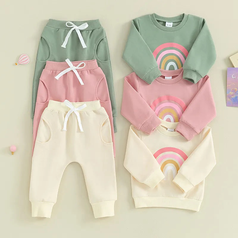 Baby Toddler Girls Boys 2Pcs Long Sleeve Rainbow Print Top & Long Pants Set Outfits