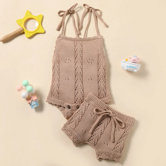 Baby Girls 2Pcs Summer Clothing Set Sleeveless Solid Knitted Tank Top Bodysuit and Shorts Set