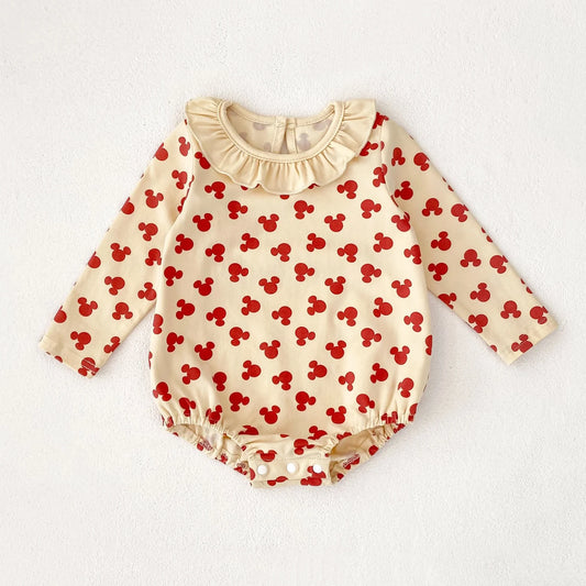 Baby Toddler Girl Clothes Mouse Print Romper Elegant Collar Long Sleeve Cute Sweet Bodysuit Autumn