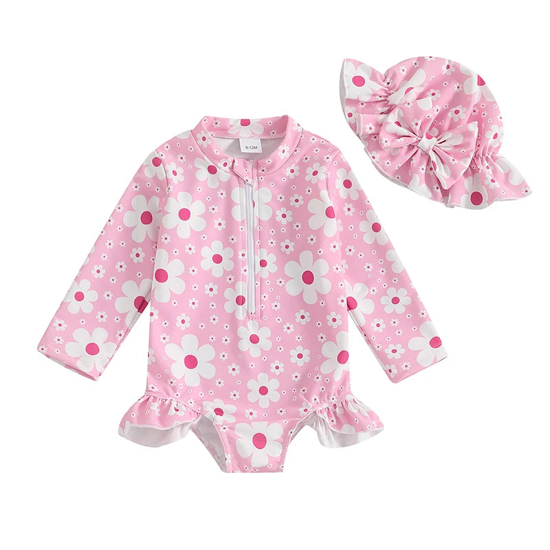 Baby Toddler Girls 2Pcs Swimsuit Long Sleeve Floral/Bow Print Ruffles Bathing Suit Swimwear with Swim Cap Set