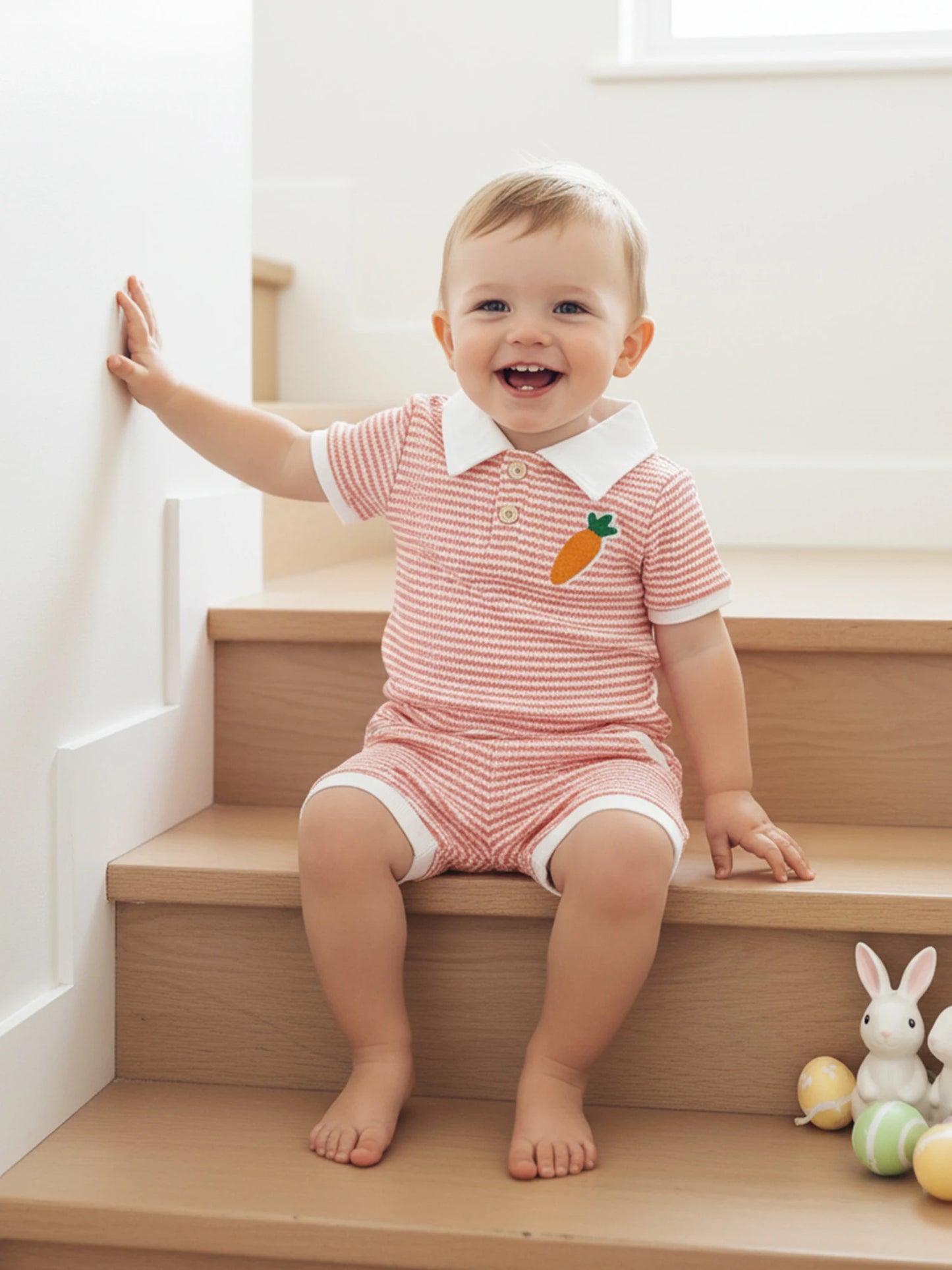 Baby Toddler Boys 2Pcs Easter Outfit Fashionable Striped Short Sleeve Carrot Cross Embroidery Top with Shorts 2Pcs Clothing Set