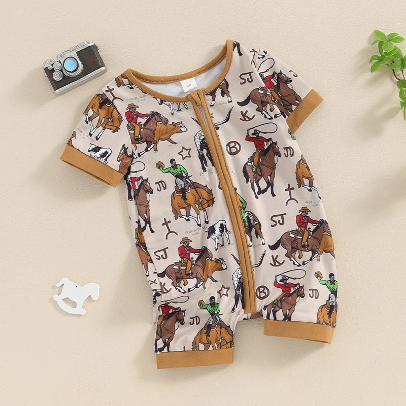 Baby Boys Summer Romper Short Sleeve Crew Neck Cactus Cow Horse Cowboy Print Zipper Jumpsuit