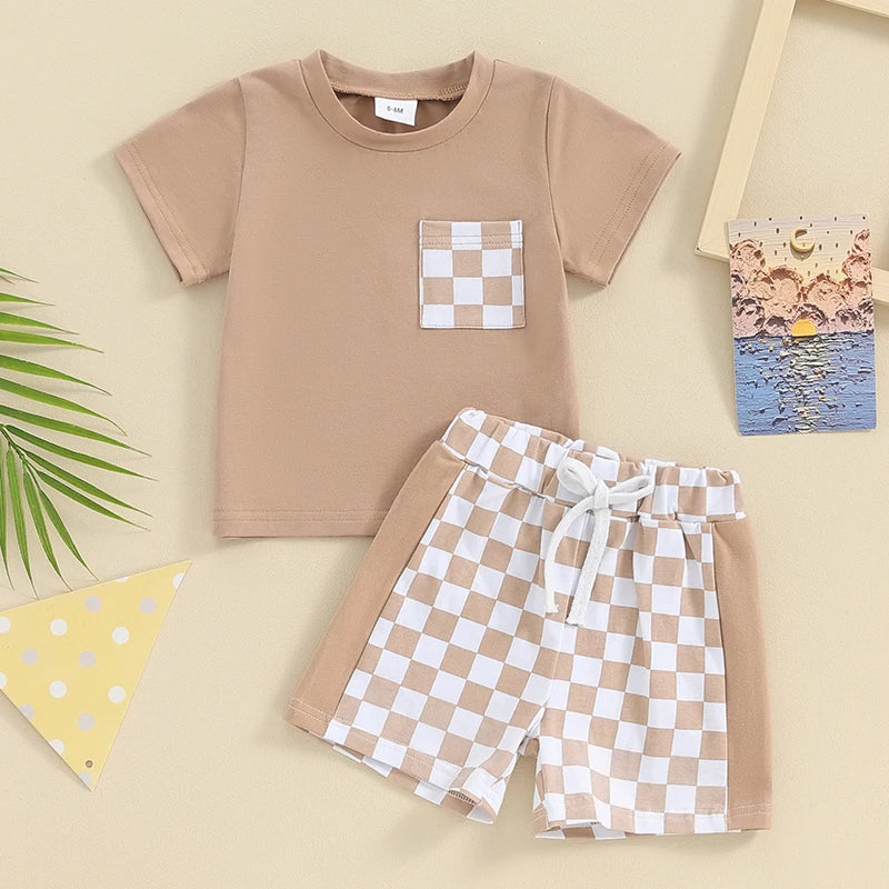 Toddler Baby Boy 2Pcs Spring Summer Outfits Short Sleeve Top Checker Print Pocket Shorts Clothes Set