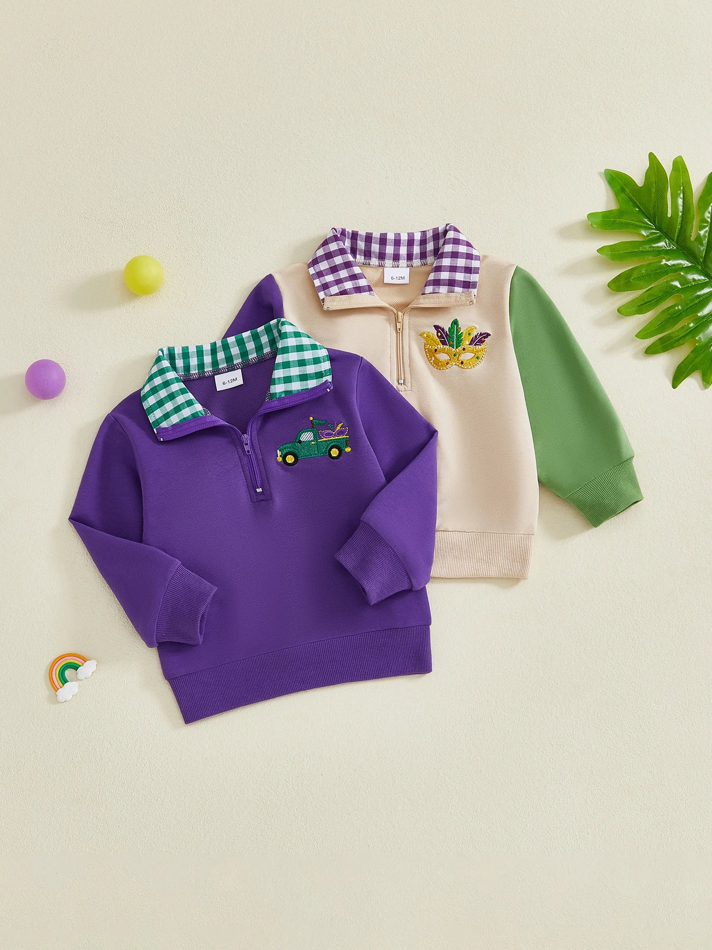 Baby Toddler Boys Collared Top Fashionable Cute Mardi Gras Mask Embroidery Long Sleeve Pullover