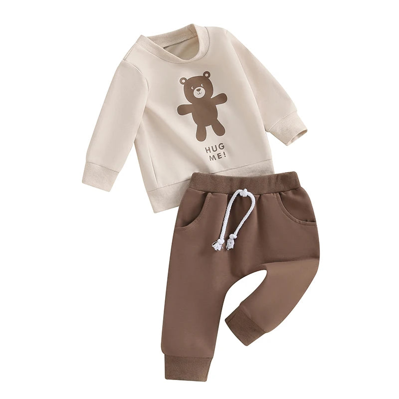 Baby Toddler Boys Girls 2Pcs Outfits Bear Letter Hug Me Print Crew Neck Long Sleeve Top and Long Pants Set