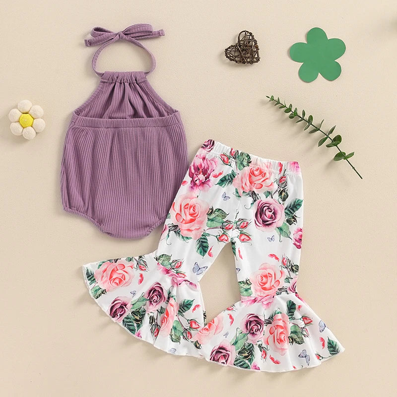 Baby Girl 2Pcs Summer Outfit Tie-Up Halter Neck Sleeveless Romper with Flower Print Flared Pants Set