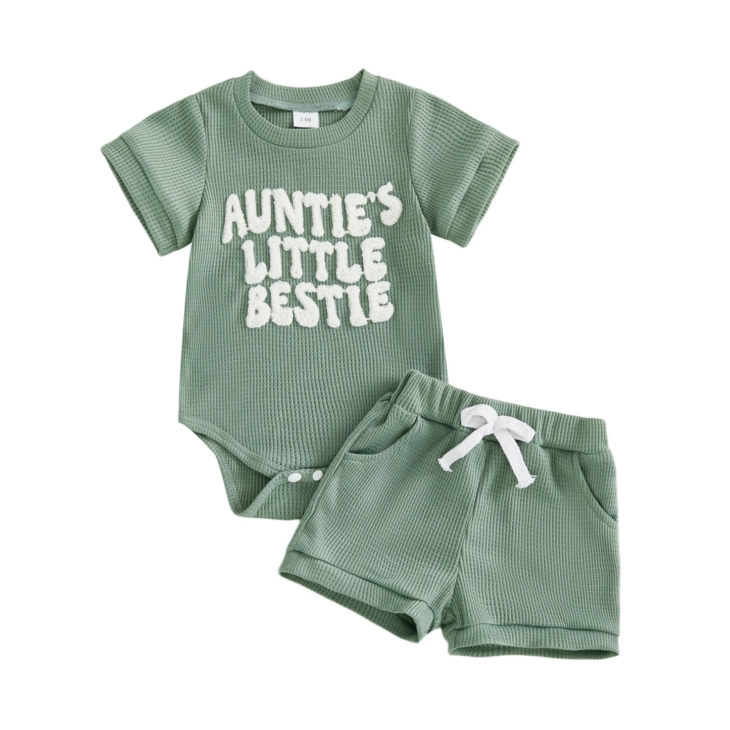 Baby Boy Girl 2Pcs Summer Clothes Mama's Boy / Auntie's Little Bestie Letter Embroidery Short Sleeve Romper Shorts 2 Pcs Outfit Set