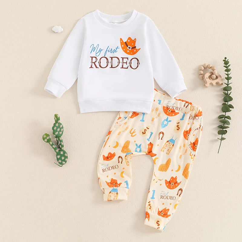 Baby Toddler Boys Girls 2Pcs My First Rodeo Set Cowboy Letter Print Long Sleeve Round Neck Top Pockets Long Pants Outfit