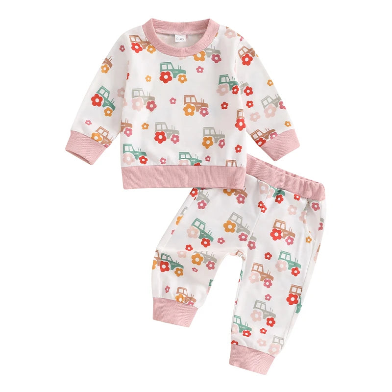 Baby Toddler Girls 2Pcs Fall Set Long Sleeve O Neck Floral Flower Tractor Print Top Pants Outfit