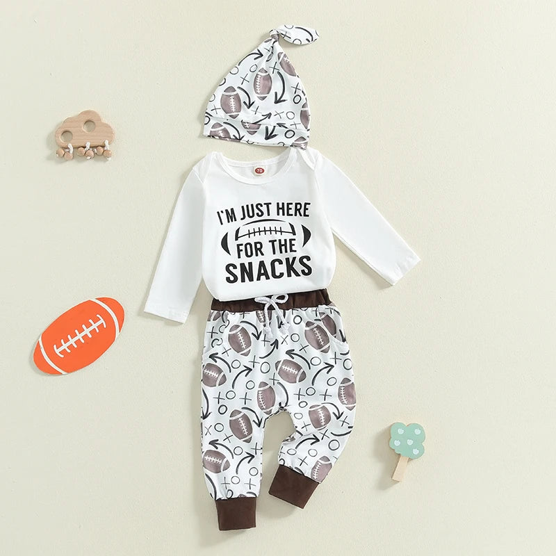 Baby Boys 3Pcs I'm Just Here For The Snacks Set Football Letter Print Long Sleeve Round Neck Romper Drawstring Pants Hat Outfit