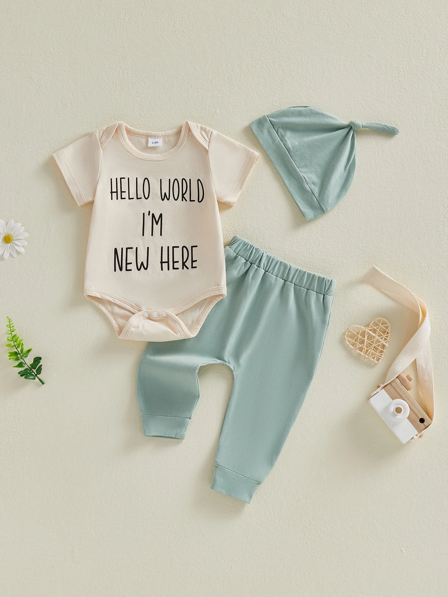 Baby Boy 3Pcs Hello World I'm New Here Summer Outfit Letter Print Crew Neck Short Sleeve Romper Pants and Hat Set