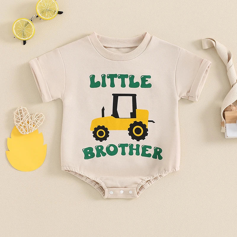 Baby Boy Summer Romper Little Brother Short Sleeve Round Neck Fire Truck Tractor Letter Print Bodysuit