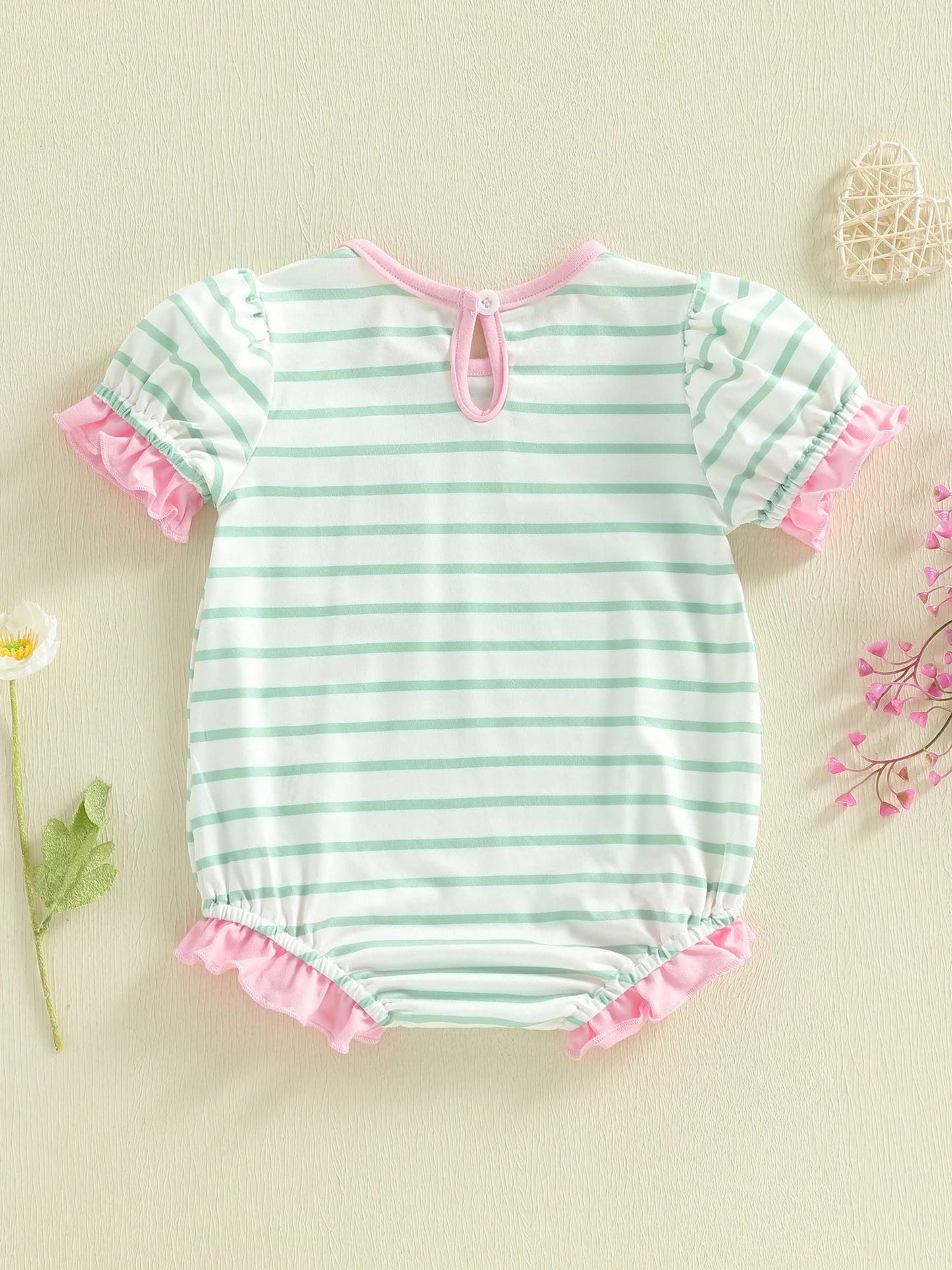 Baby Girl Striped Romper Ruffle Trim Short Sleeve Crewneck Jumpsuit Casual Summer Spring Clothes
