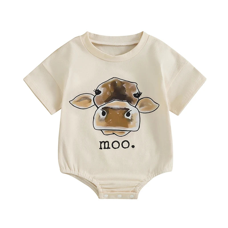 Baby Boys Girls moo Romper Short Sleeve Crew Neck Cow Head Print Bodysuit