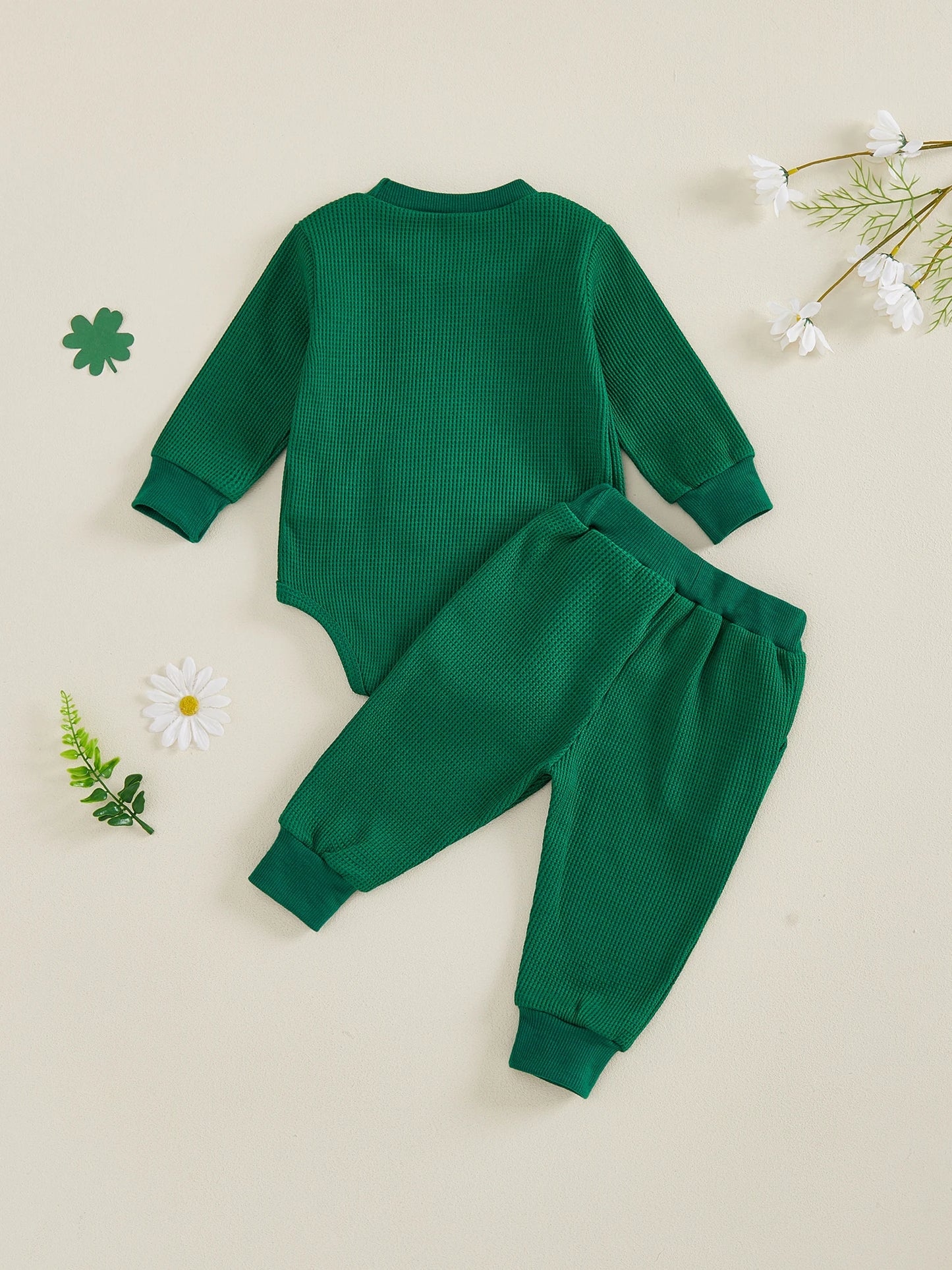 Baby Boys Girls 2Pcs Little Lucky Charm Outfit Long Sleeve O Neck Letter Shamrock Embroidery Jumpsuit Romper and Elastic Waist Pants Set