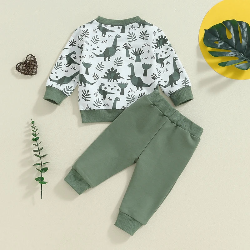 Baby Toddler Boys 2Pcs Outfit Long Sleeve Dinosaur Print Top with Elastic Waist Pants Fall Outfit Set