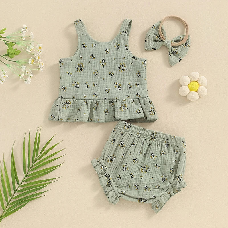 Baby Toddler Girls 3Pcs Summer Set Round Neck Floral Print Tank Top Elastic Waist Frill Trim Shorts Headband 3Piece Outfit