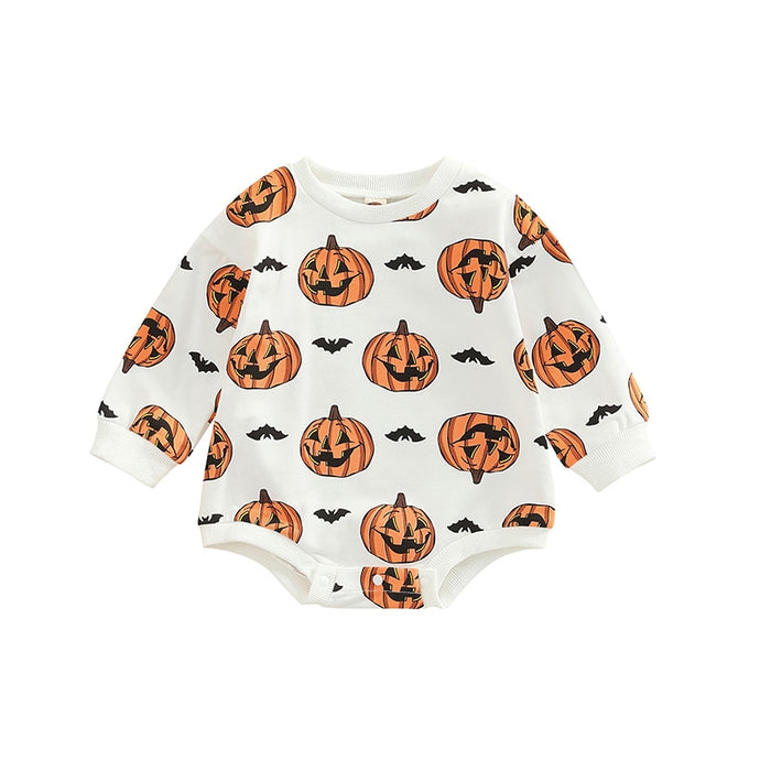 Baby Boy Girl Pumpkin Bat Boo Printed Long Sleeve Crew Neck Jumpsuit Bodysuit Romper Halloween