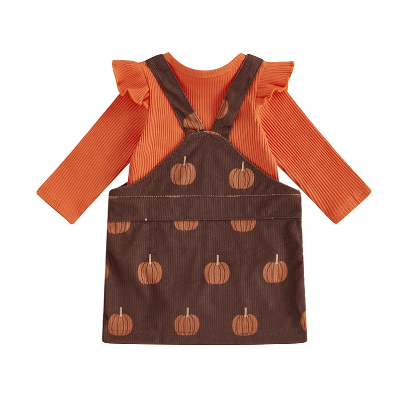 Baby Girls 2Pcs Halloween Set Long Sleeve Ruffled Ribbed Romper Pumpkin Print Overalls Skirt Outfit