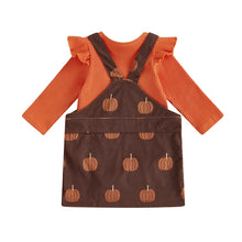 Load image into Gallery viewer, Baby Girls 2Pcs Halloween Set Long Sleeve Ruffled Ribbed Romper Pumpkin Print Overalls Skirt Outfit
