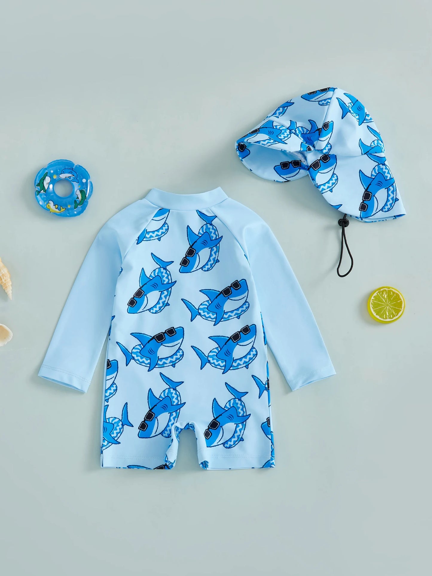 Baby Toddler Boys 2Pcs Rash Guard Swimsuit Shark Print Long Sleeve Zip Up Bathing Suit with Sun Cap Hat Set