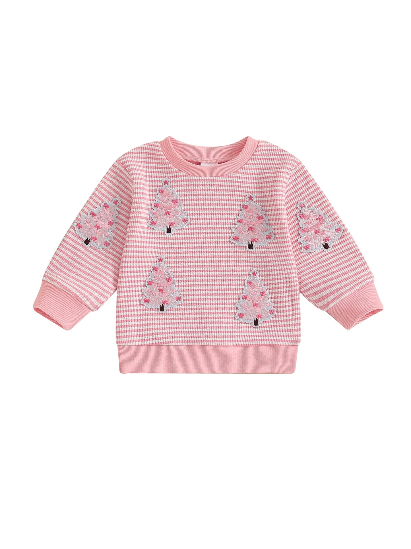 Baby Toddler Girl Christmas Top Christmas Tree Embroidered Striped Crew Neck Long Sleeve Pullover